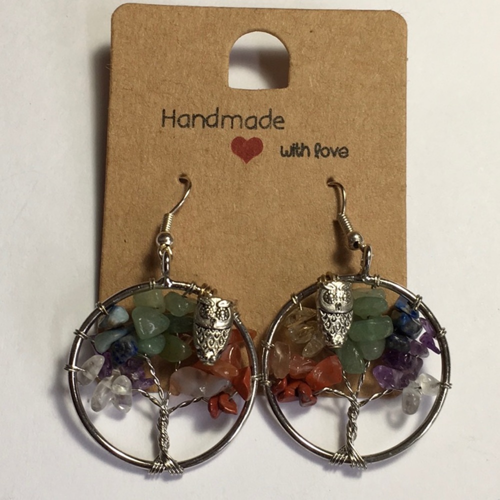 Handmade Multi Gem Stone Owl Tree-Of-Life Earrings